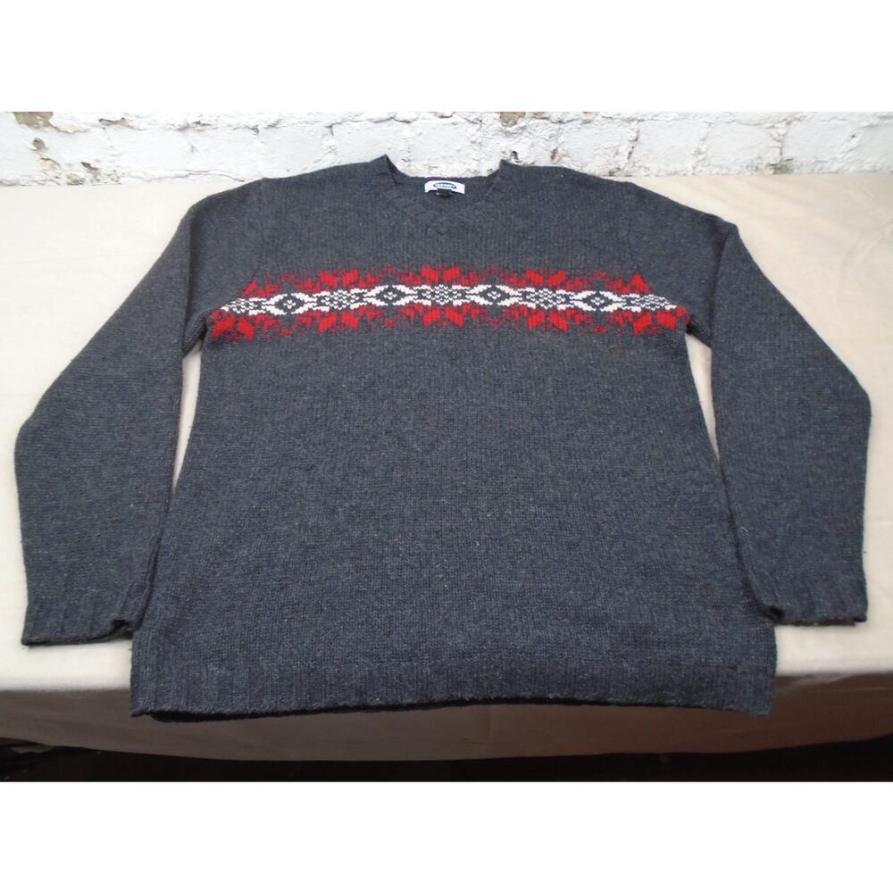 100% Lambswool Old Navy Charcoal Snowflakes XL Mens V-neck Christmas Sweater